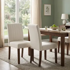 Set of 2 Modern Comfort Dining Chairs with High Back Soft Linen Upholstery Sturdy Wooden Legs and Vertical Stripes Ideal for Dining Room Restaurant and Cafe Beige