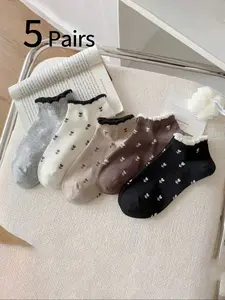 5 Pairs Teen Girls Floral Pattern Socks, Spring Summer Fall New Sweet Girl Lace Boat Socks, Low Cut Ankle Socks, Comfortable Breathable