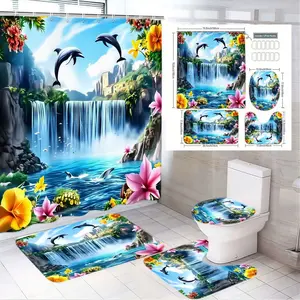 1/4pcs Tropical Paradise Bathroom Set - Vibrant Waterfall & Dolphins Shower Curtain Sets, U-shaped Toilet Mat, Bath Mat & Lid Cover, Lush Green Cliffs & Colourful Flowers, Perfect for Summer Refresh Decor in Coastal Homes