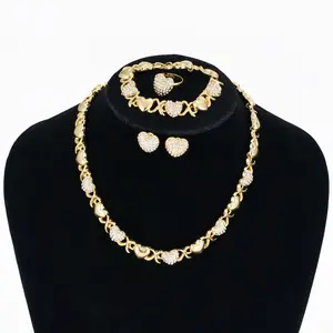 Classic Heart Gold Plated Jewelry Set 4 Pieces Necklace Earrings Bracelet Ring for Women Valentine's Day Gift