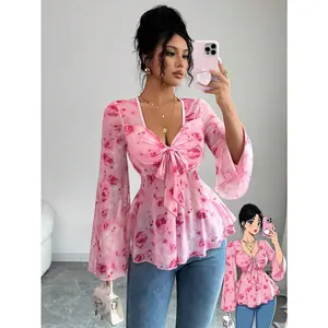 New Floral Print Mesh Sheer Flare Sleeve Bowknot Front Casual Elegant Women T-Shirt Fall Cloth For Women