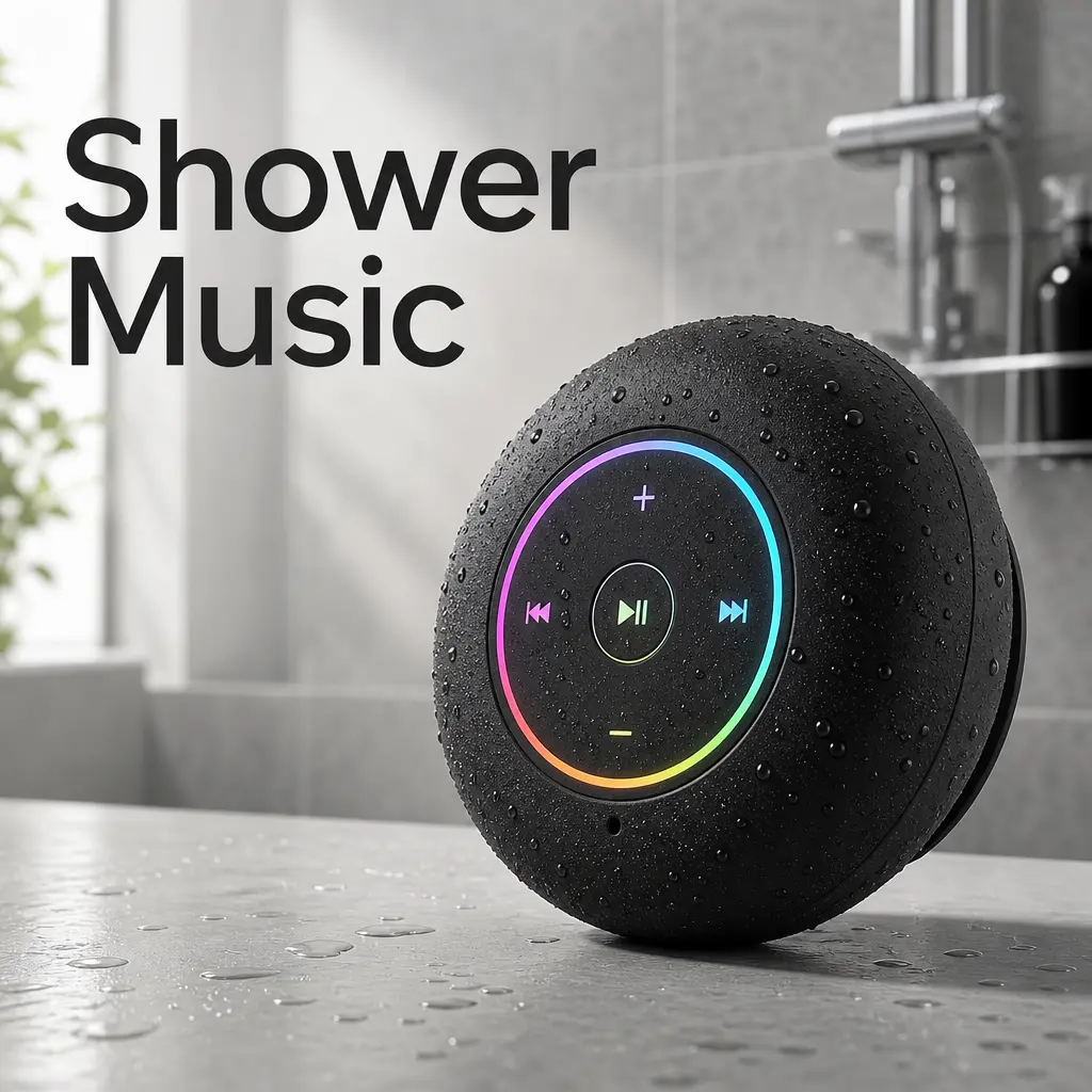 IPX4 Waterproof Bluetooth Speaker with Suction Cup Mount, Black Portable Wireless Speaker with LED Light, Rechargeable, for Bathroom Shower, Travel, Phone & Tablet