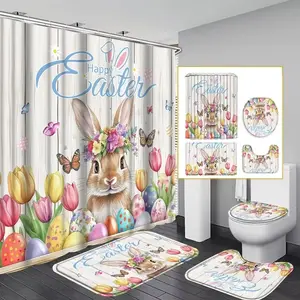 1/4pcs Easter Theme Shower Curtain Set with Cute Bunny and Egg Design, Non-Slip Mat, U-Shaped Rug, Toilet Lid Cover, Includes 12 Hooks