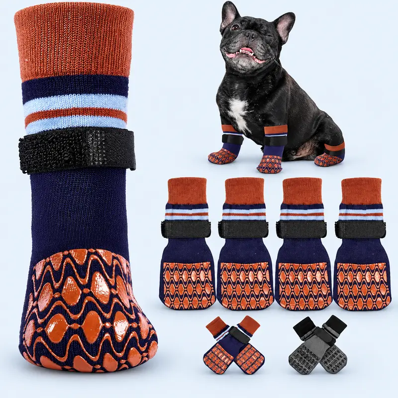 Kuoser 4-Pack Brown Indoor Non-Slip Dog Socks with Breathable Fabric, Double-Sided Traction, Long-Length Design, Hook-and-Loop Adjustable Straps, All-Weather Protection, Multi-Size Paw Protectors for Hardwood Floors, Senior Dogs (Prevents Paw Licking)