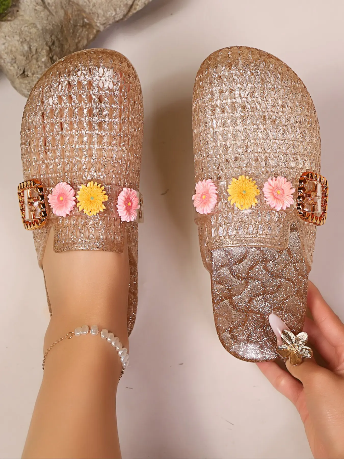 Women's Summer Crystal Transparent Open-Toe Slippers, Fashionable Outdoor Home Sandals, Princess Style Half Slipper Shoes, Open Toed Slippers, Footwear