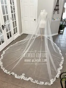 Long-Length Mantilla-Shape Tulle Lace Veil with Sequin Details and Scalloped Edge (Style CV22)