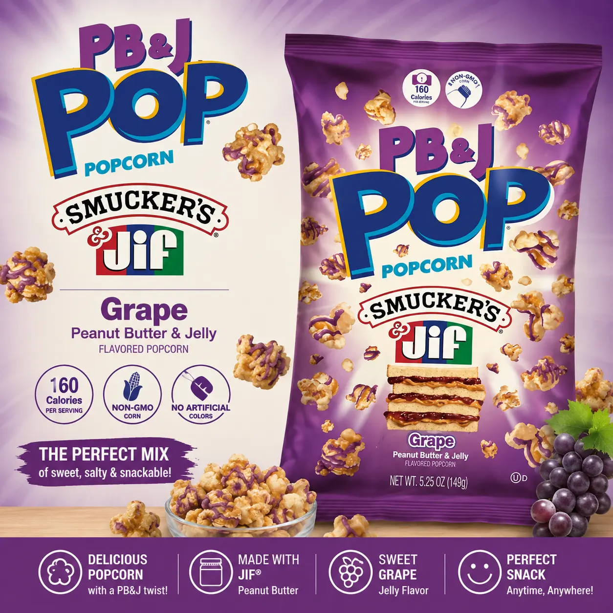 Candy Pop JIF Peanut Butter and Grape Jelly Popcorn 5.25 oz 12 Count Sweet and Salty Flavored Popcorn Snack