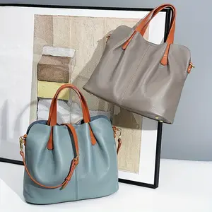 Perfect Gift Luxury Leather Genuine Tote Bag for Women Girl - Large Capacity, Two-Tone Gray with Brown Genuine Leather Accents, Zipper Closure, Crossbody & Shoulder Purse