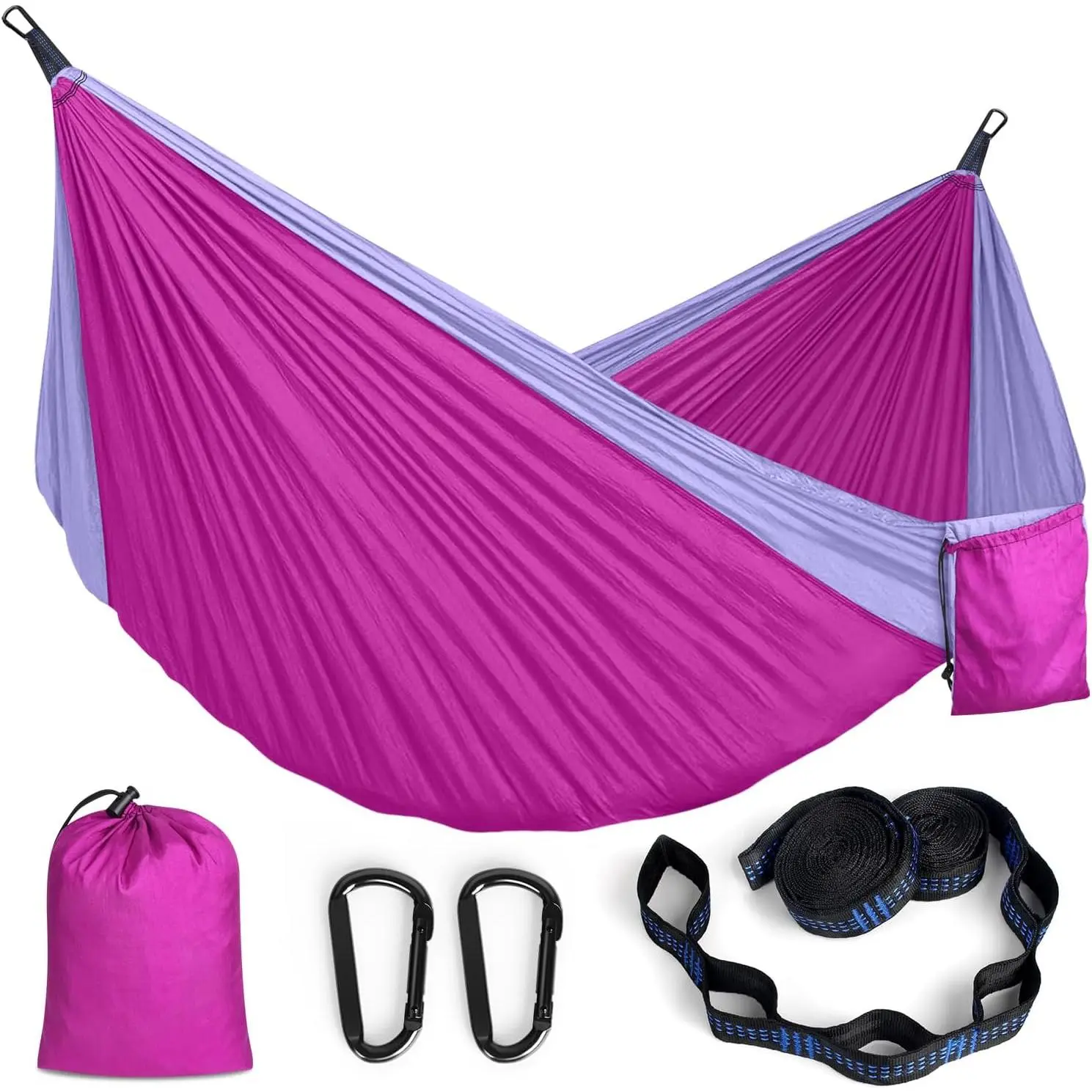 Portable Heavy Duty Camping Hammock, Supports up to 700lbs, Comes with 2 Tree Straps and Attached Carry Bag, Ideal for Outdoor Backpacking Hiking Travel Beach (Pink Purple)