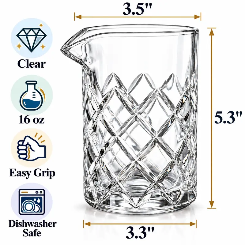 Cocktail Mixing Glass 16 oz, Diamond Cut Glass with Heavy Base and Pour ...