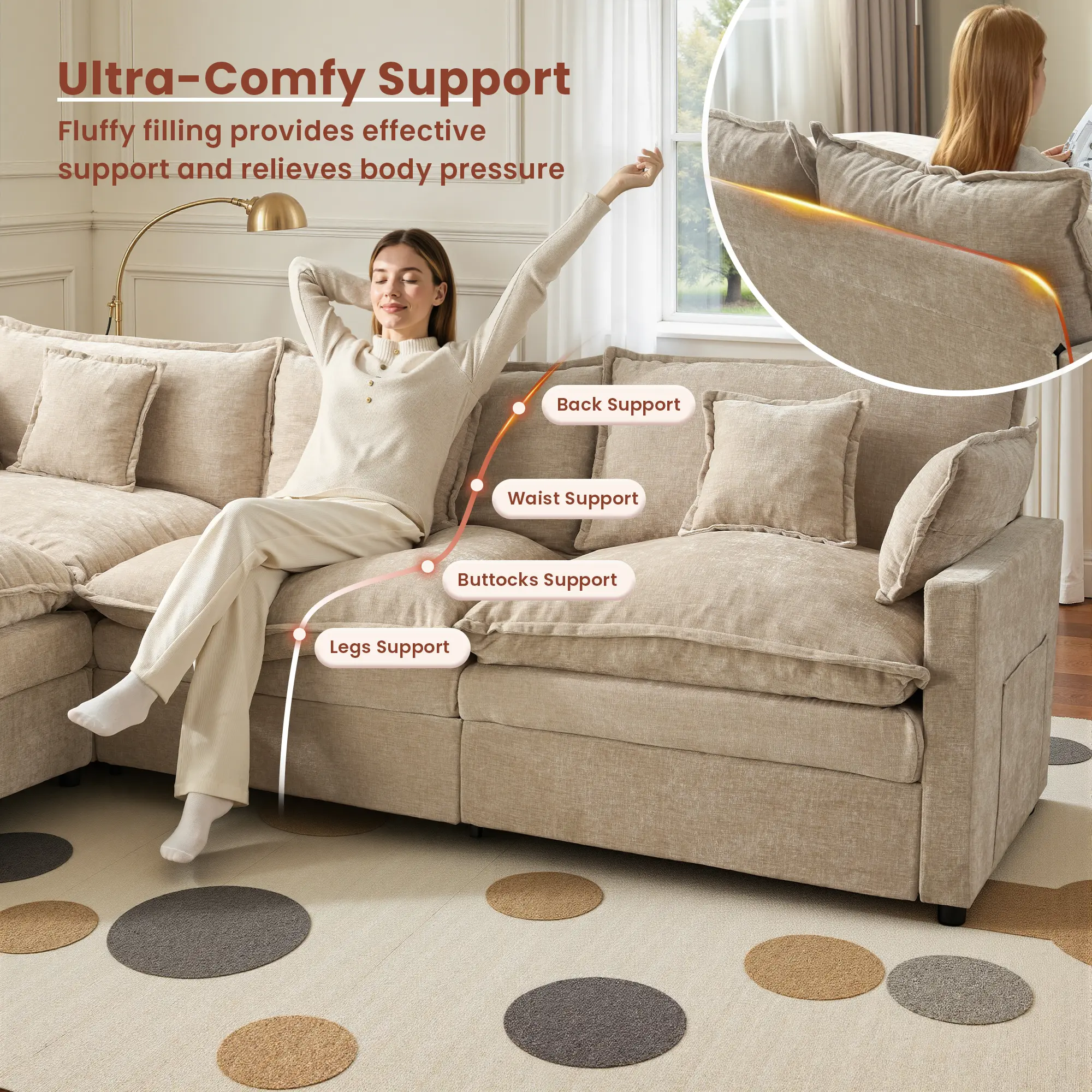 【2 Packages Shipping】OVIOS 108" U-Shaped Modern Sofa Modular Sectional Cloud Couch with 2 Ottoman, Comfy Chenille Deep Seat Sofa Bed for Living Room, Bedroom and Apartment, 5 Pillows Included 【2 Packages Shipping】OVIOS 108" U-Shaped Modern Sofa Modular Sectional Cloud Couch with 2 Ottoman, Comfy Chenille Deep Seat Sofa Bed for Living Room, Bedroom and Apartment, 5 Pillows Included