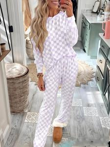 two-piece set women's checkerboard print long sleeve tee & drawstring waist pants pajama, casual comfy round neck top & pocket trousers pj set, ladies sleepwear for all seasons, pajama sets, womenswear, glam lounge wear, loungewear