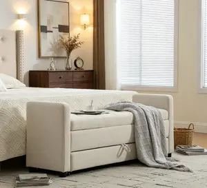 58.27" Wide Modern Upholstered Storage Bench - Napped Fabric Footstool with Double Storage, Rolled Armrest for Living Room, Entryway