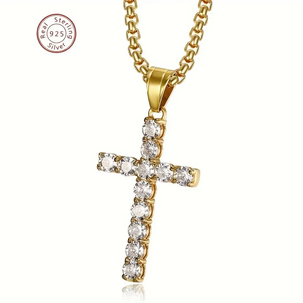 Elegant Moissanite Cross Pendant Necklace in 925 Silver - Bling Jewelry for Every Occasion