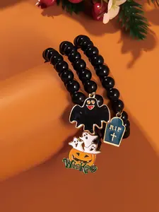 Halloween Themed Beaded Bracelet Set, Cute Ghost & Pumpkin Charm Stretch String Beaded Bracelets, Fashion Accessories for Women & Men, Holiday Gifts