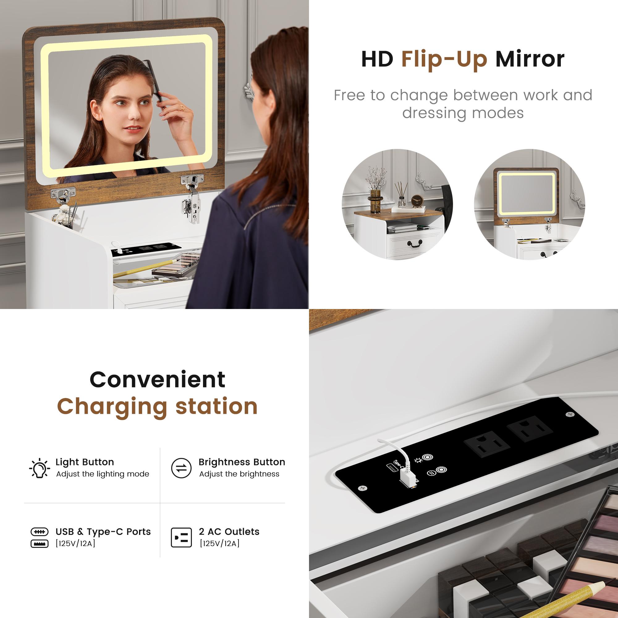 Miu small room vanity with Flip-up LED Mirror, Glass Tabletop,6-Compartment Storage Space, Soft Stool with Hidden Space & Drawer