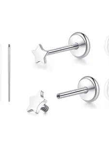 Star-shaped earrings made of pure titanium，G23 Hypoallergenic Flat Back Internally Threaded Tragus Helix Cartilage Conch Medusa Lip Labret Piercing Stud Earrings for Women Men