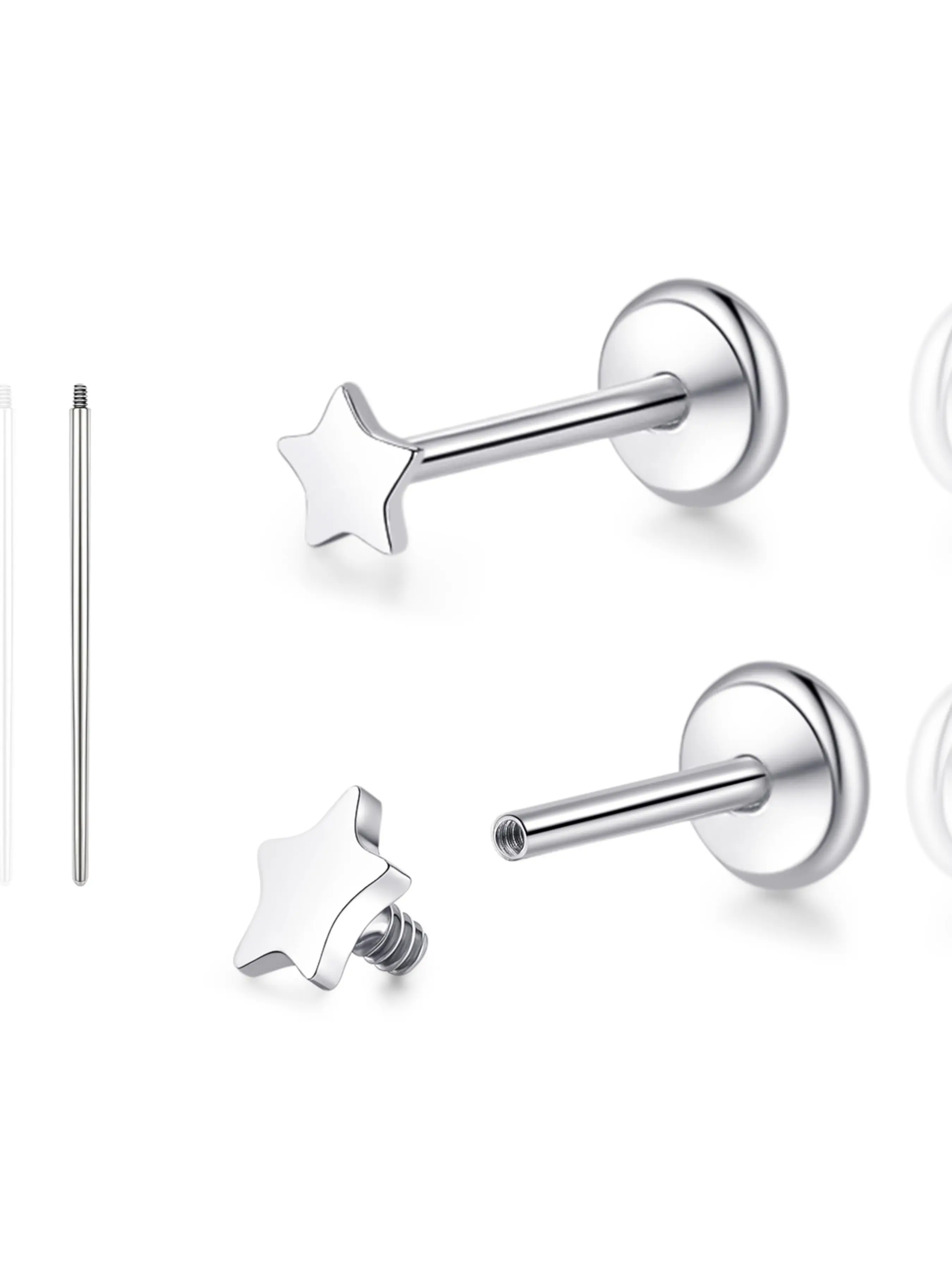 Star-shaped earrings made of pure titanium，G23 Hypoallergenic Flat Back Internally Threaded Tragus Helix Cartilage Conch Medusa Lip Labret Piercing Stud Earrings for Women Men Elegant Minimalist Earrings Cartilage Jewelry Ear Accessories Earrings Studs