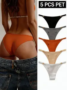 5-Pack Sexy V-Cut Low Waist Underwear for Women, Metal Decor Sporty Style, Seamless Breathable Soft Intimates