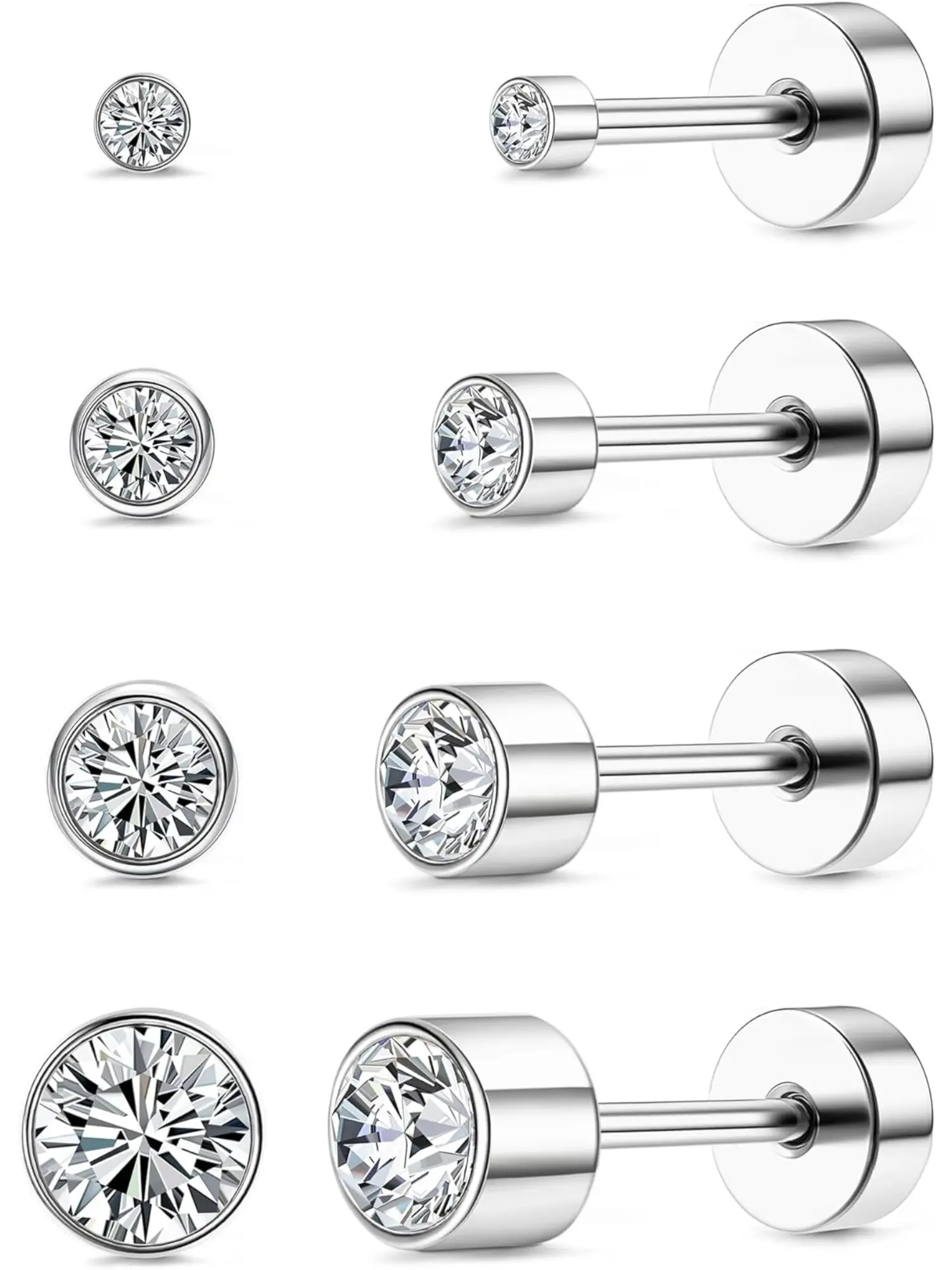 4 Pairs G23 Titanium Stud Earrings for Women Girls Silver Earrings Set Cubic Zirconia Mens Earrings Cartilage Earrings Hypoallergenic for Sensitive Ears 2/3/4/5mm Stud Earrings Jewelry
