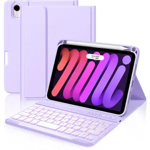 for iPad mini 7 Keyboard Case A17 Pro 2024/iPad Mini 6 Generation Case with Keyboard 2021 8.3 Inch, Pencil Holder, 7 Color Backlit Detachable Keyboard Cover for iPad mini 7th/6th Gen,Purple