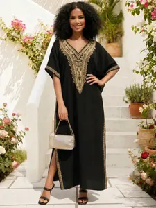 EDOLYNSA Kaftan Dresses for Women embroidery caftan Women's robe beach dress loose lounge wear casual Homewear comfortable daily wear vacation outfits Boho Casual Kaftan Q1761