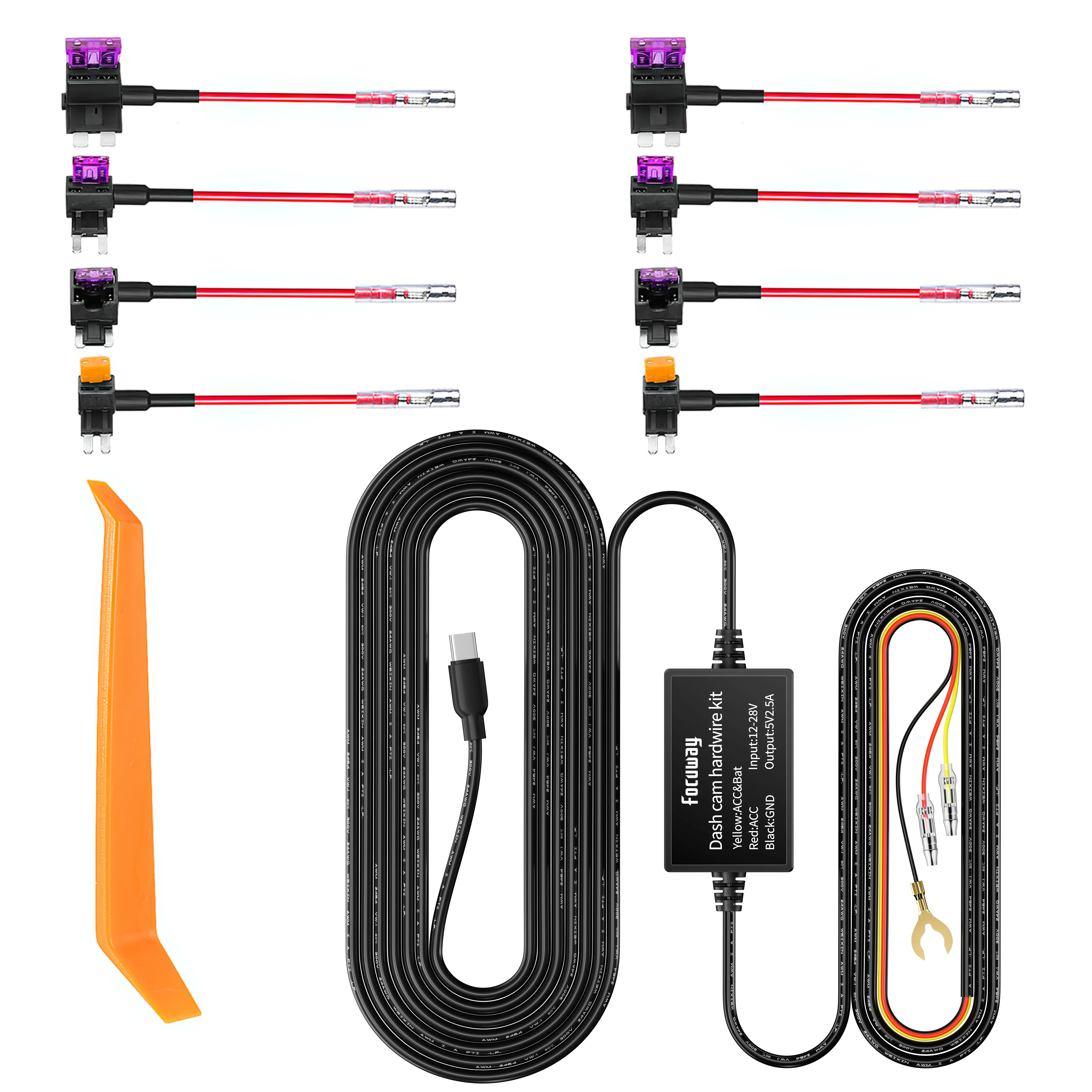 Dash Cam Hard Wire Kit for IIWEY N5/N5 Pro/Q7/D2 Duo/L7/N6/N6 Pro/C3 Pro/C4 Pro//D4 Duo/T1 Pro Model, 4 Meter Dashboard Camera CarCharger Cable Kit, 12V- 24V to 5V,3A Power Adapter withLP/Mini/ATO/Micro2 Fuse for Dash Cam