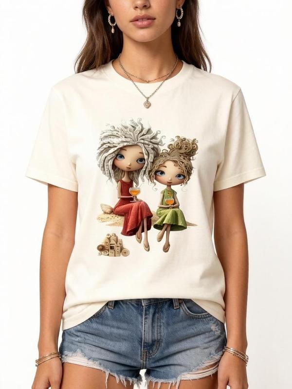 Sohochic Women's Loose-Fit Casual Cute Oversize Crew Neck Short Sleeve Graphic Tee - Soft Stretch Cotton, Breathable, Cottagecore Vibe, Plus Size Inclusive, Pull On, Machine Washable, Do Not Bleach Beach/Anniversary Top