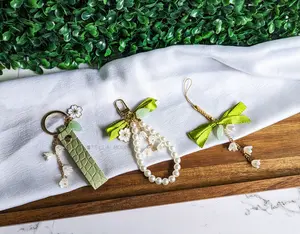Green Bow Lily of the Valley Keychain, Phone & Bag Charm, Cute Flower Key Chain Ring Holder, Kawaii Floral Bag Keychain, Pearl Accessory girl car cute keychain