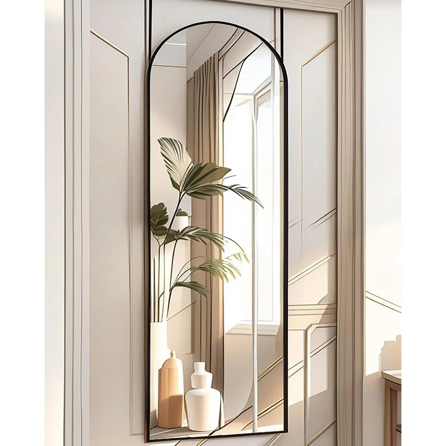 Over The Door Mirror - 16"x50" Full Length Arched Vertical Wall Mirror, Black
