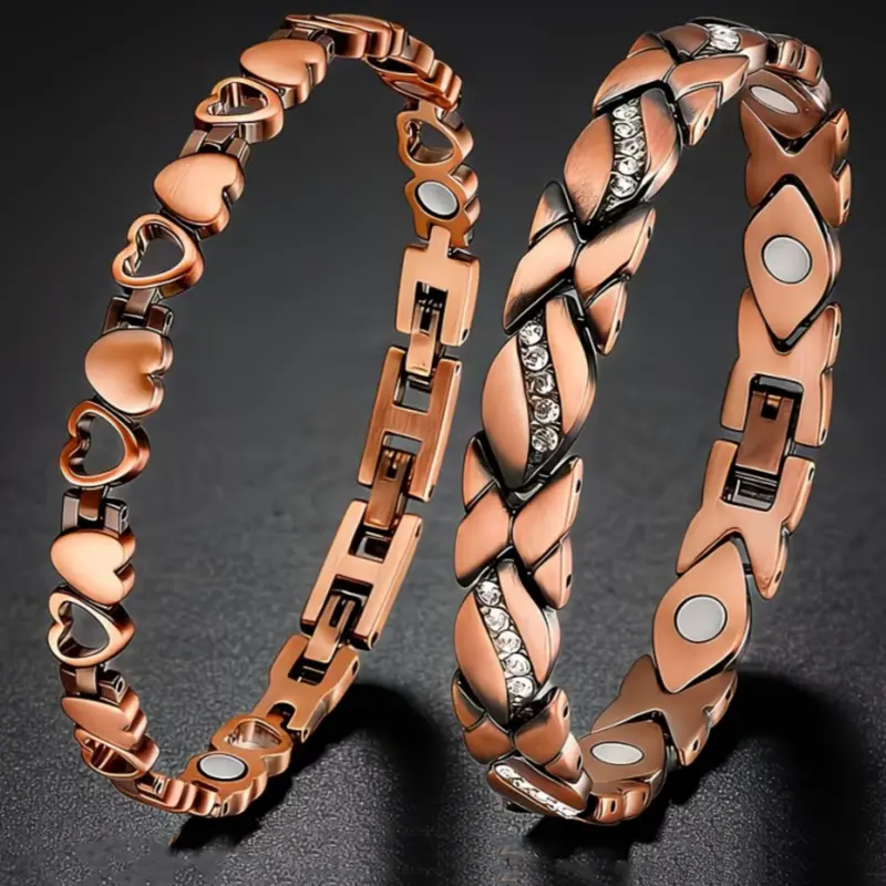 2pcs Women's Copper Magnetic Bracelets, Matching Bracelet Set, Elegant Leaf Print Design, All Seasons Accessory, Perfect Gift Idea, Batch Number Tkb3423