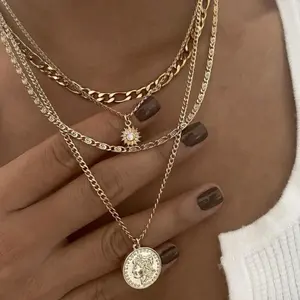 Metal portrait coin necklace Women's multi-layer stacking of light luxury niche temperament exaggerated collarbone chain, suitable for summer