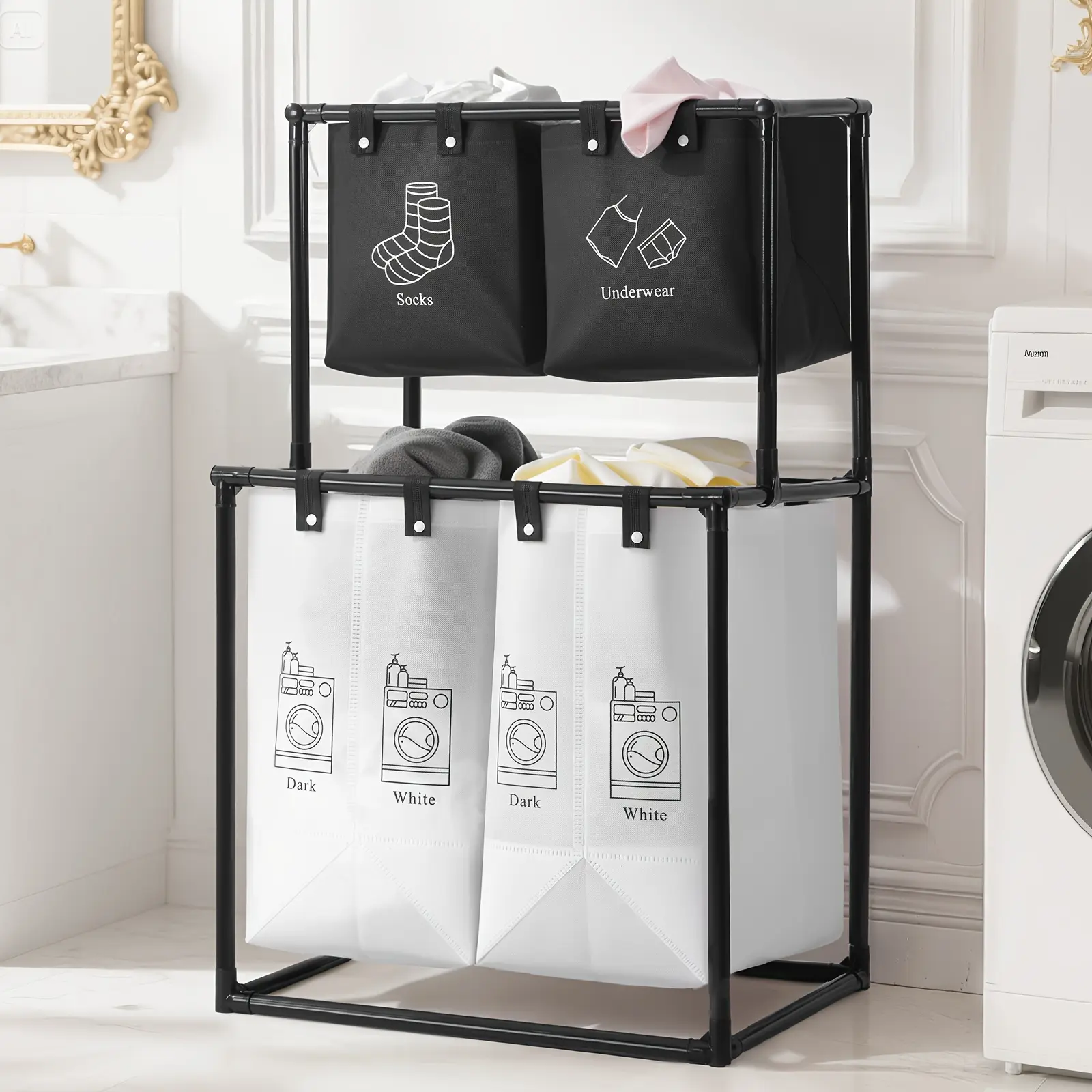 Double-layer Laundry Basket with Detachable Storage Box, No Wheels - Foldable Double-layer Laundry Sorter with Wheels - Oxford Cloth and Frame - Portable Clothes Basket for Kids, Adults, and Travel, Includes 10 Tie-down Straps for Securing