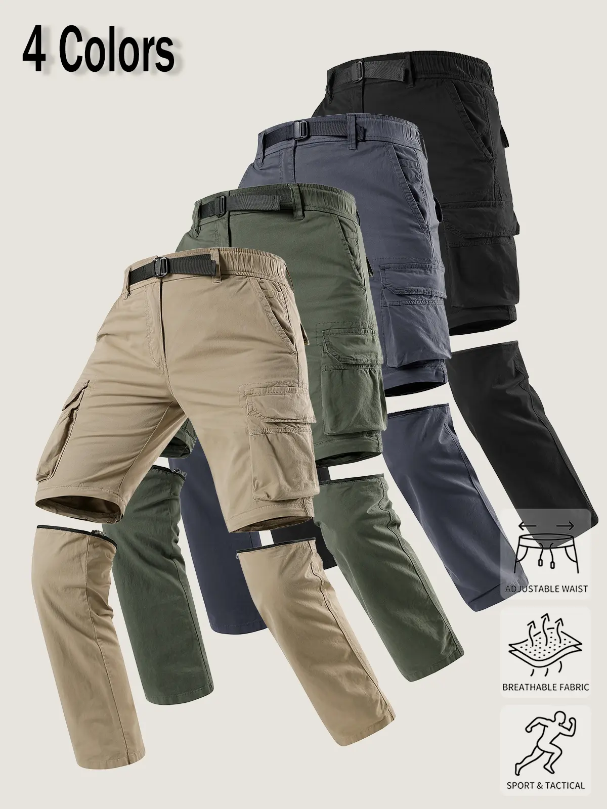 2-pack zippered, detachable cargo pants that can be worn two ways—switch between long and short styles—with an elastic waistband and side flap cargo pockets; suitable for hiking, outdoor camping, and long road trips.