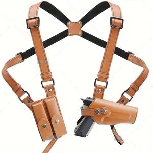 Adjustable shoulder holster with dual magazine clips, universal vertical concealed carry holster, fits 1911 and most pistols, premium leather (brown/black)