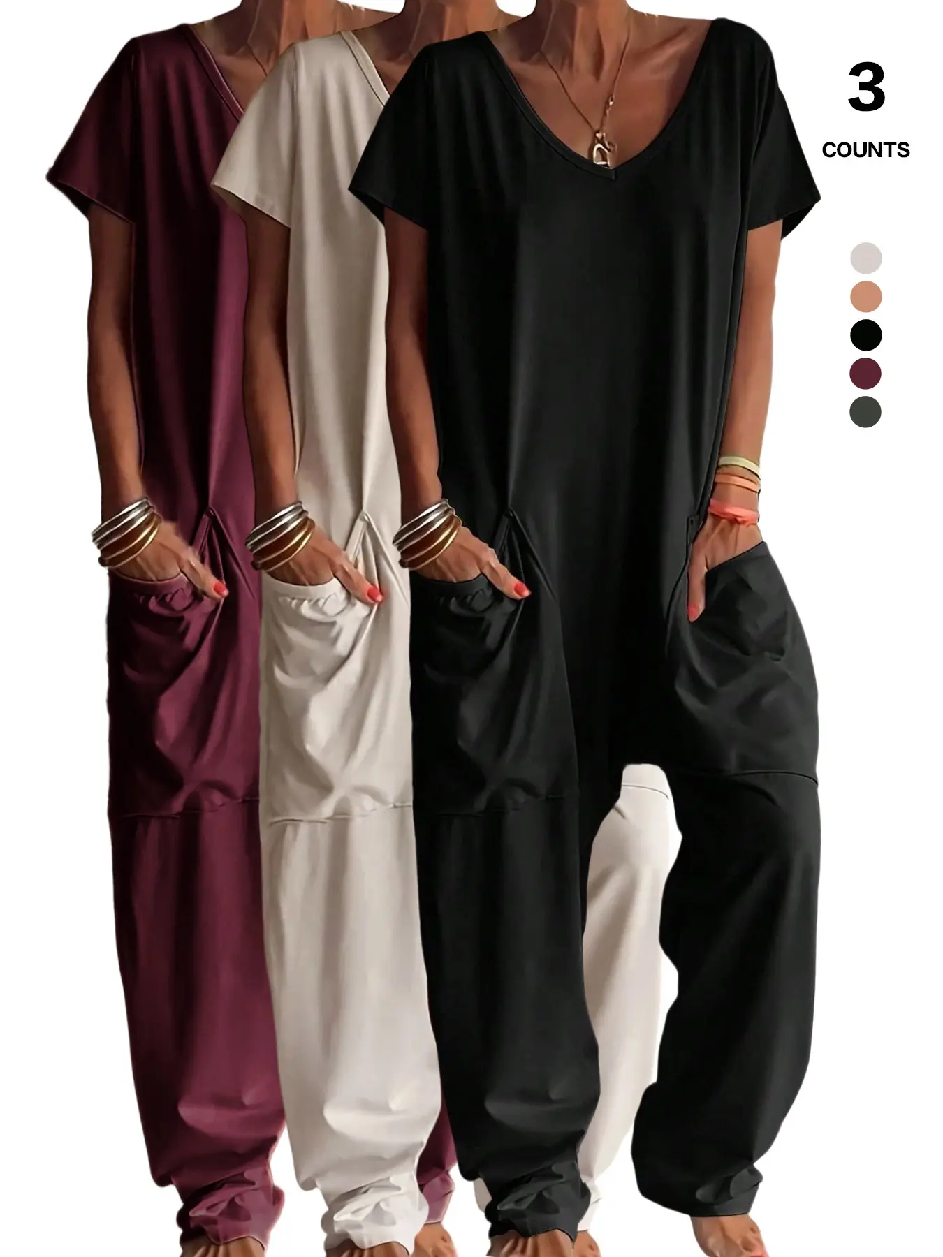 Women's Workwear Jumpsuit, 1/3 Counts Casual Comfortable Fitted Plain Style Jumpsuit, Clothing for Home or Outdoor Wear