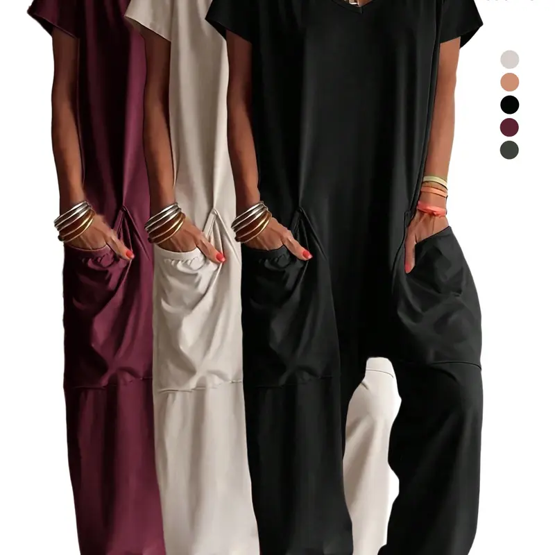 Women's Workwear Jumpsuit, 1/3 Counts Casual Comfortable Fitted Plain Style Jumpsuit, Clothing for Home or Outdoor Wear Solid Jumpsuits