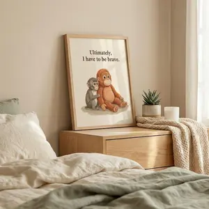 Baby Monkey Stuffed Animal Wall Art, Brave Quote Framed Poster, Illustrated Animal Print