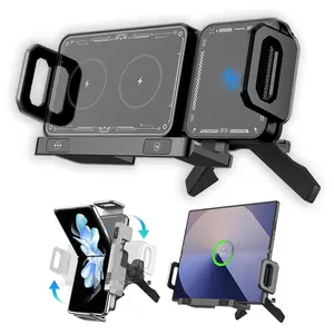 FTS 15W Auto-Rotating Wireless Car Charger Phone Holder, Dual-Coil Fast Charging Gravity Clamp Mount with Vent Clip & Dashboard Suction, One-Touch 90° Rotation