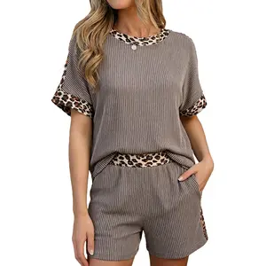 Women Casual Light Grey Leopard Trim Twist Ribbed Short Set 2pcs outfit