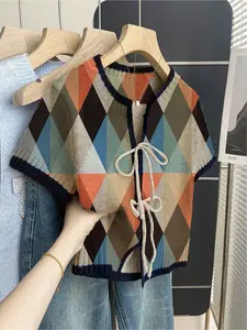 Women's khaki bohemian vacation short-sleeve knit top. Loose round neck, contrast geometric print, front tie and contrast piping. Light, stylish and perfect for spring & summer casual wear. Knitwear