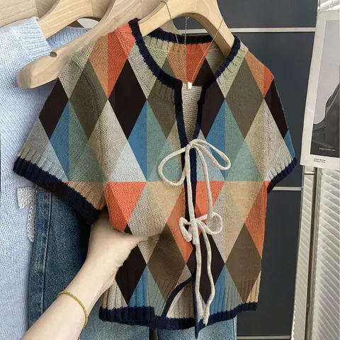Women's Casual Round Neck Knit Top, Contrast Binding & Tie Front Design, Chic Knitwear, Perfect for Spring & Summer, Womenswear, Short Sleeve Sweater