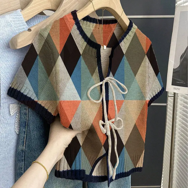 Women's Casual Round Neck Knit Top, Contrast Binding & Tie Front Design, Chic Knitwear, Perfect for Spring & Summer, Womenswear, Short Sleeve Sweater