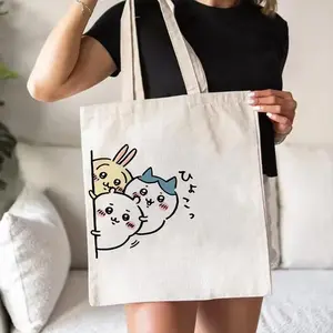 C-Chiikawa Cute Cartoon  Storage Bags Canvas Double-Sided Print Stylish Tote Bag Large Capacity Shoulder Students Festive Fashion Eco Outdoor Picnic Travel High Quality Shopping Handbag Machine Washable Foldable Reusable Fashionable Shopping Bag