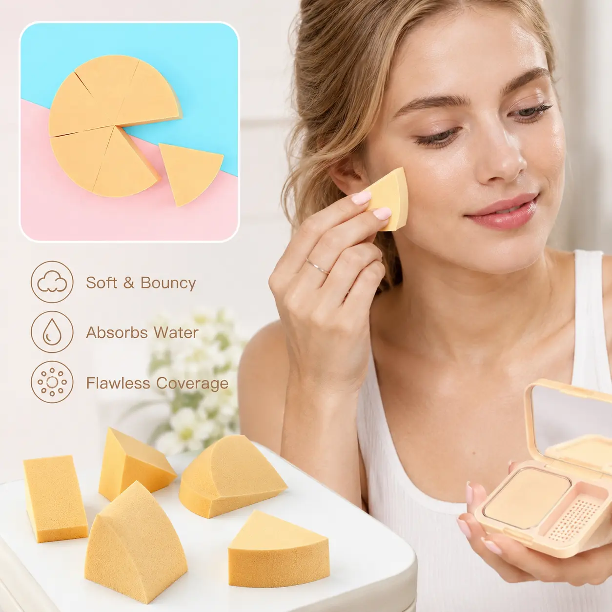 6 Counts, Triangular Makeup Puffs, Wet and Dry Dual Use, Expand When Soaked, for Liquid and Powder Foundation Facial Makeup Application
