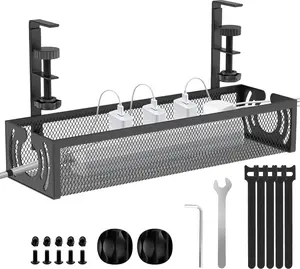 New 15'' Under Desk Cable Management Tray No Drill Metal Cord Organizer Black Branded01