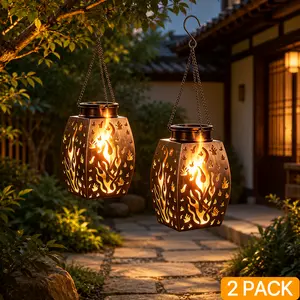 1/2/4 Pack Solar Hanging Flame Lanterns, Outdoor Metal Chain Lantern Lights with Warm Flickering Glow, Decorative Garden Patio Porch Yard Hanging Lights