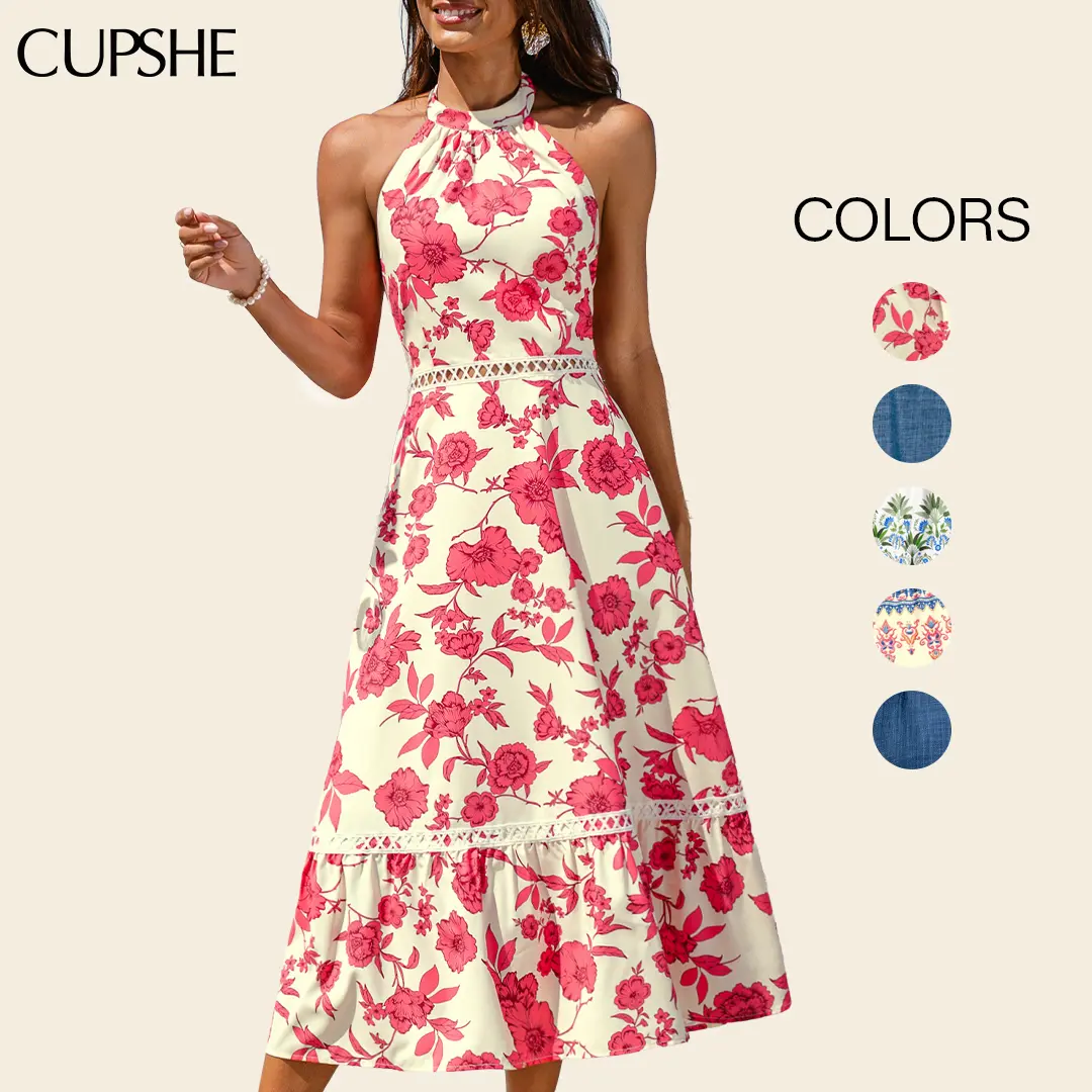 CUPSHE Women's Dress - V-Neck Sleeveless A-Line Dress, Flattering Ruched Waist Dress, Lightweight Summer Vacation Dress for Beach, Resort & Casual Wear