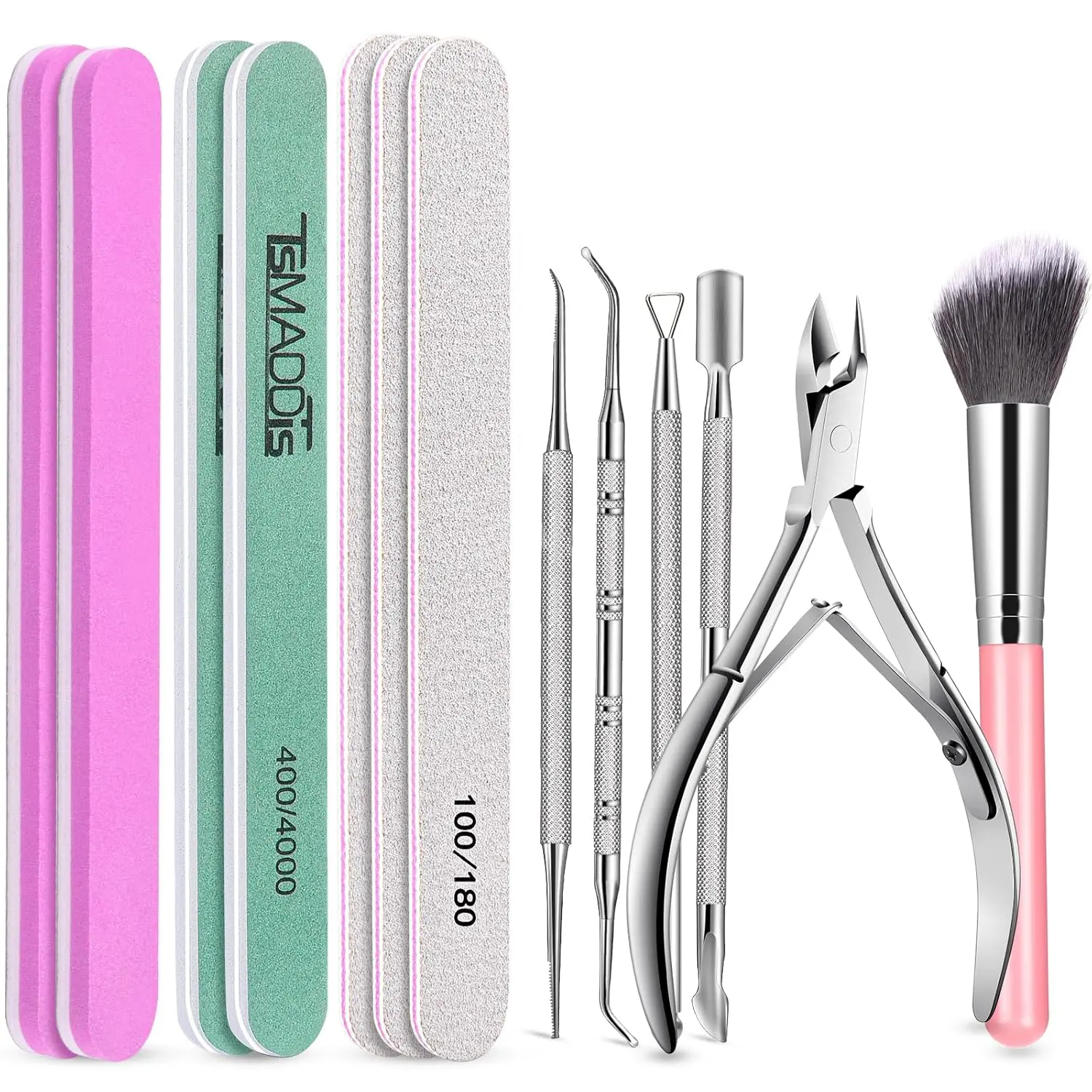 TsMADDTs Nail Tool Kit with Nail Files and Buffers, Files 100/180, Polish Buffer, Cuticle Pusher, Cuticle Nippers, Peeler, Ingrown Toenail Lifters, Manicure Pedicure Tool,13PCS