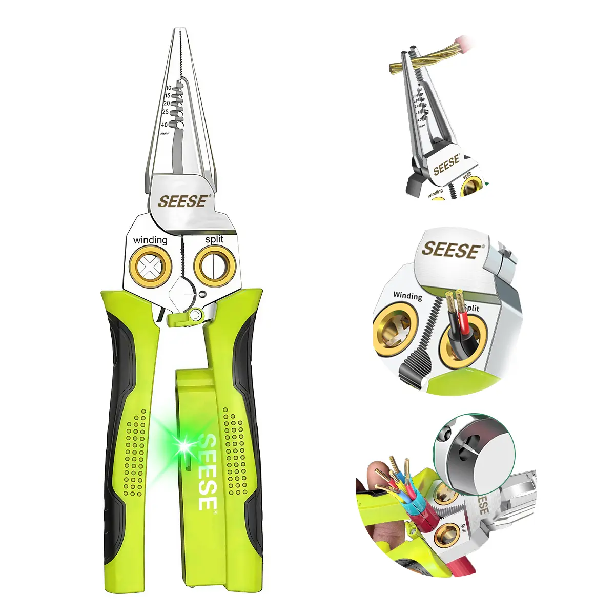 SEESE 8 in 1 Wire Stripper Twister for Cutting and Pulling Wires, Voltage Tester Pliers,Cable Scissors, 12V to 250V Live,Null,Hot Wire Judgment AC DC, Audible and Flashing LED Alarms